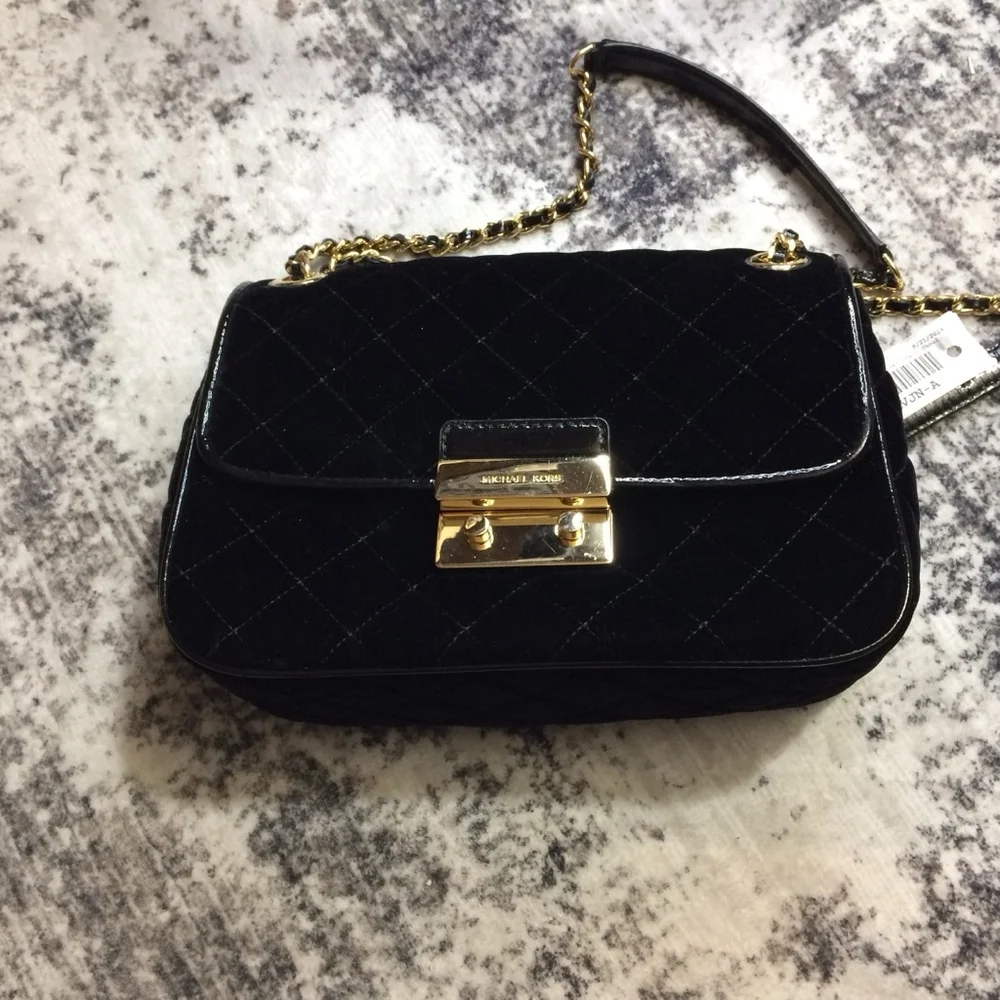 Michael Kors Sloan Large Black Velvet Chain Shoulder Bag - Picture 1 of 10